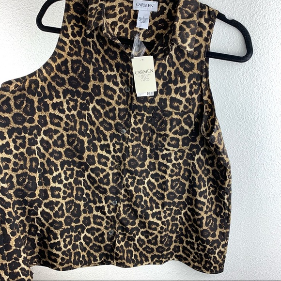 NEW NWT Carmen Marc Valvo leopard flowy tank top blouse black brown shirt - Picture 3 of 4